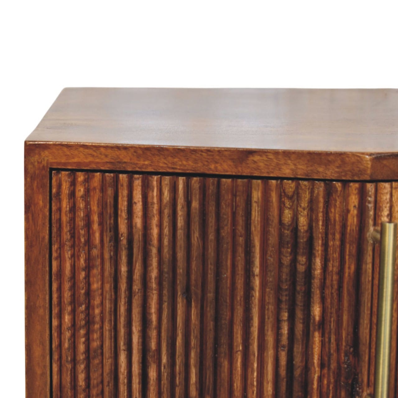 Harper Ribbed Chestnut Bedside Table - Solid Mango Wood Nightstand with Drawers - product view 6 showing handcrafted...