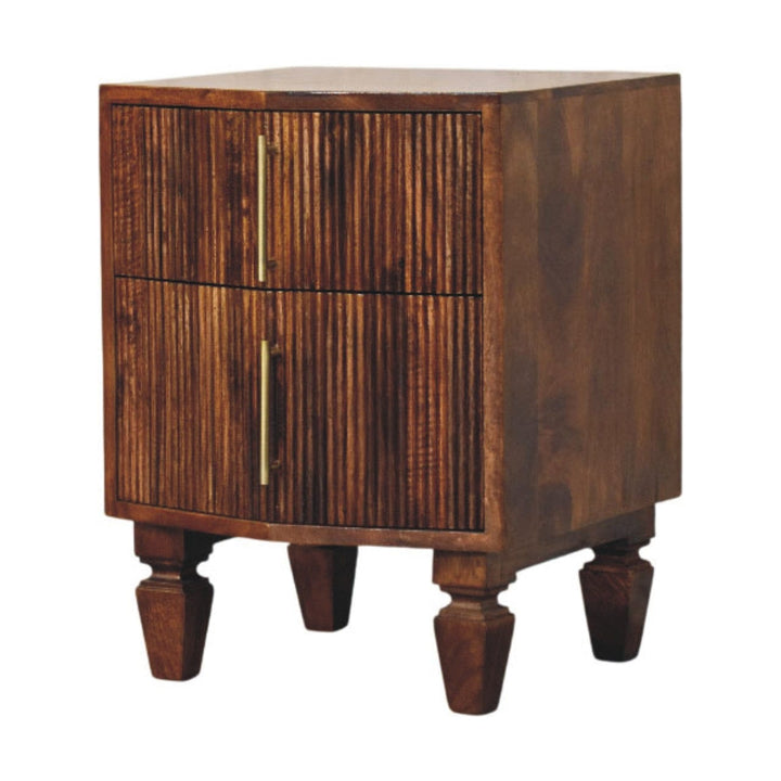 Harper Ribbed Chestnut Bedside Table - Solid Mango Wood Nightstand with Drawers - product view 4 showing handcrafted...
