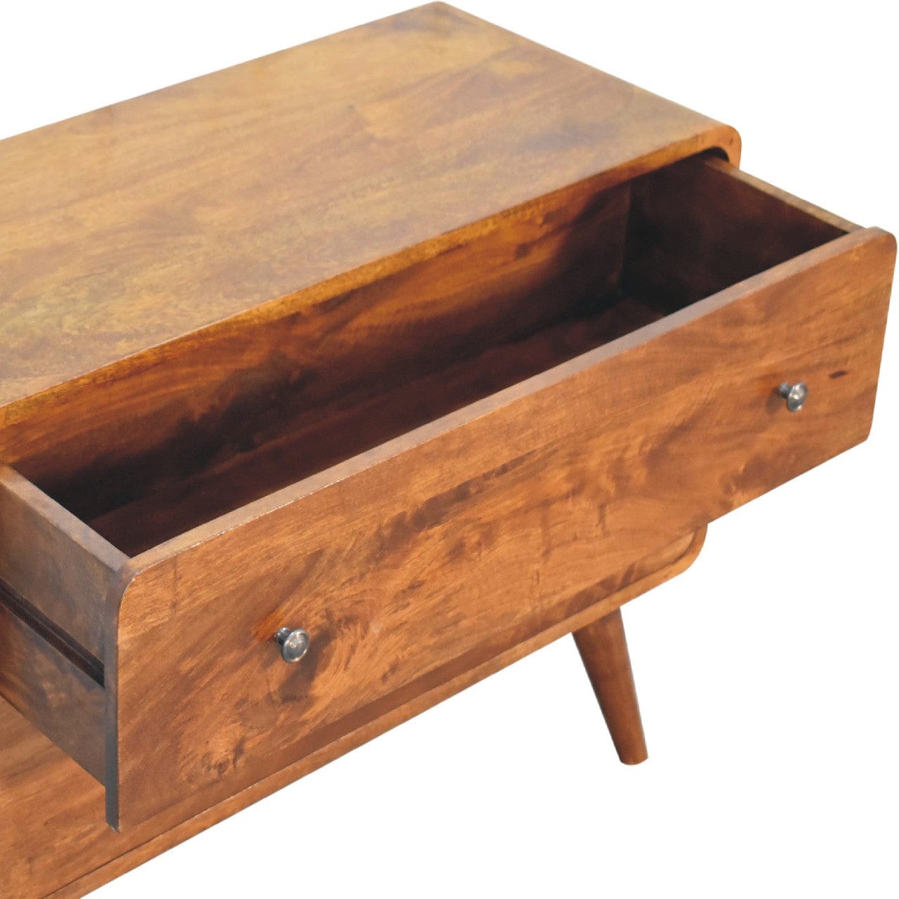 2 Drawer Curved Chestnut Dresser - Solid Mango Wood Storage Chest for Bedroom - product view 7 showing handcrafted solid...