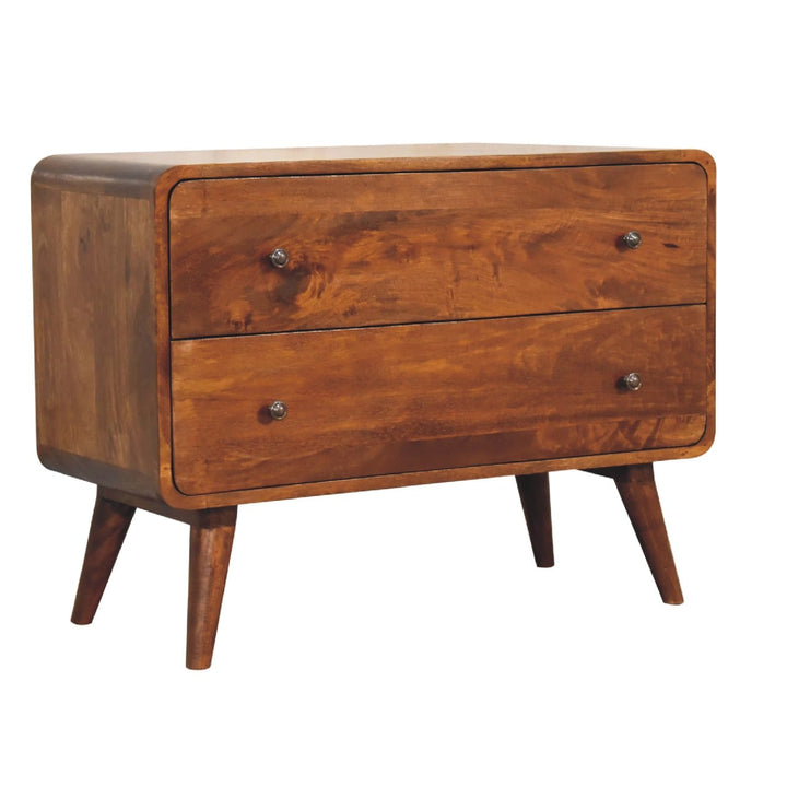 2 Drawer Curved Chestnut Dresser - Solid Mango Wood Storage Chest for Bedroom - product view 4 showing handcrafted solid...