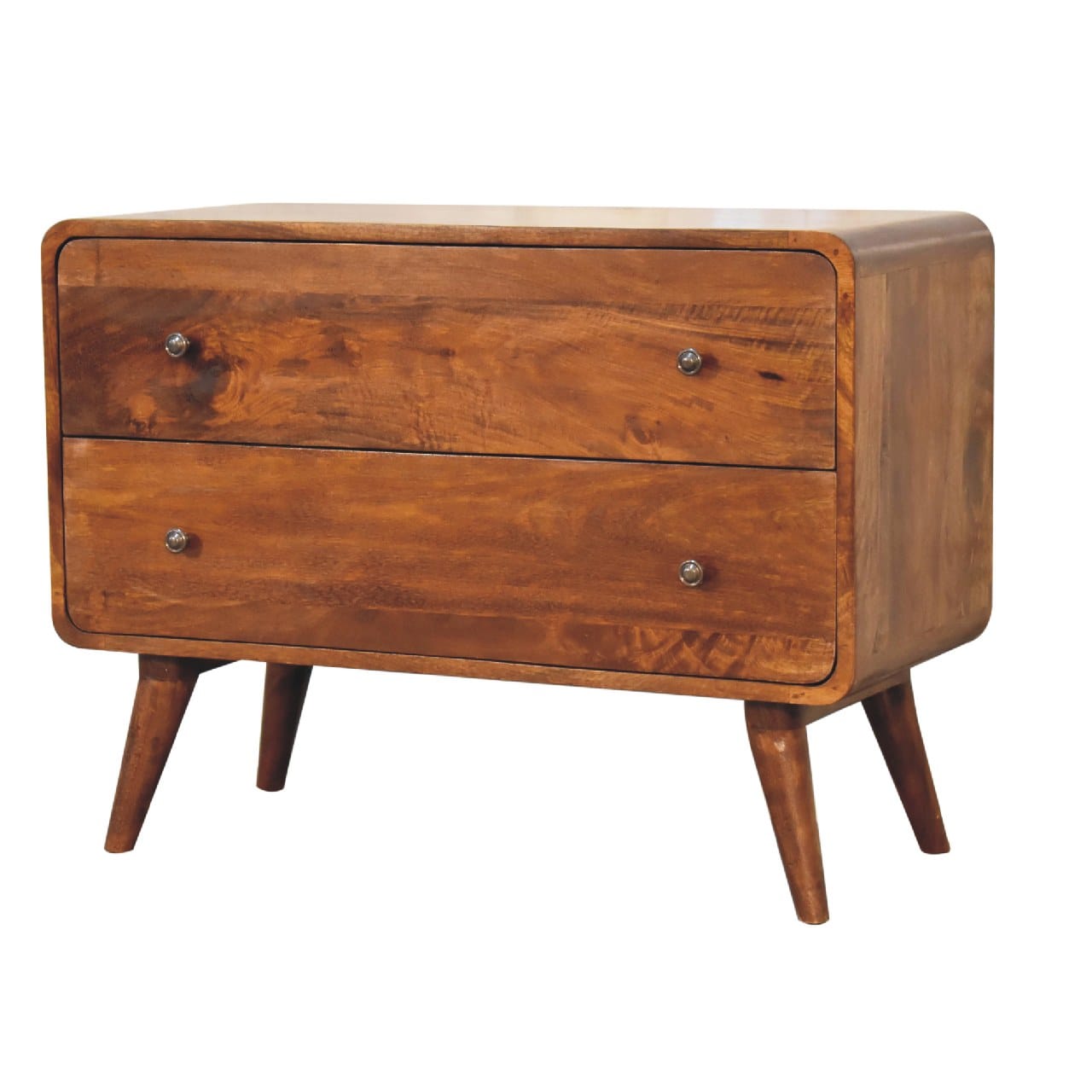 2 Drawer Curved Chestnut Dresser - Solid Mango Wood Storage Chest for Bedroom - product view 3 showing handcrafted solid...