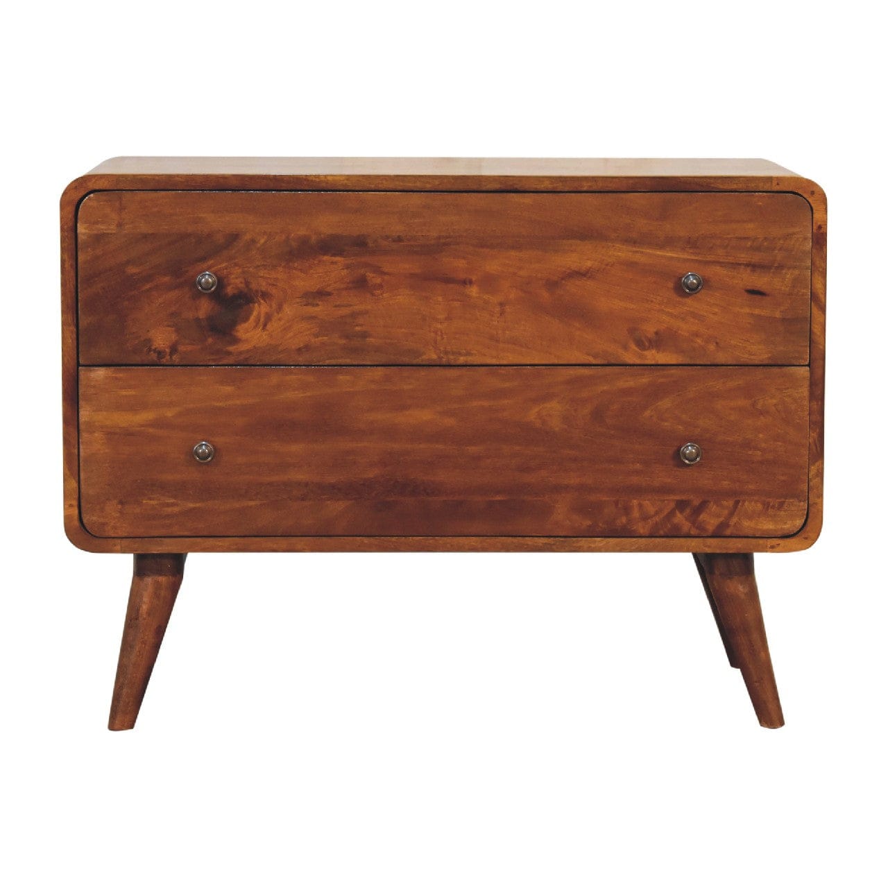 2 Drawer Curved Chestnut Dresser - Solid Mango Wood Storage Chest for Bedroom - product view 2 showing handcrafted solid...