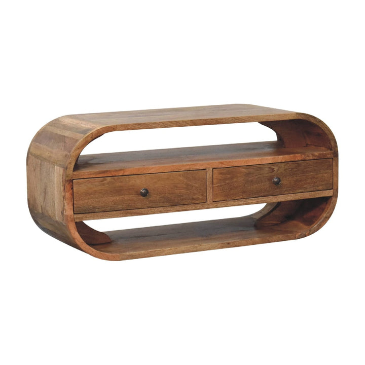2 Drawer Curved Edge TV Stand - Solid Mango Wood Entertainment Center for Living Room - product view 3 showing...