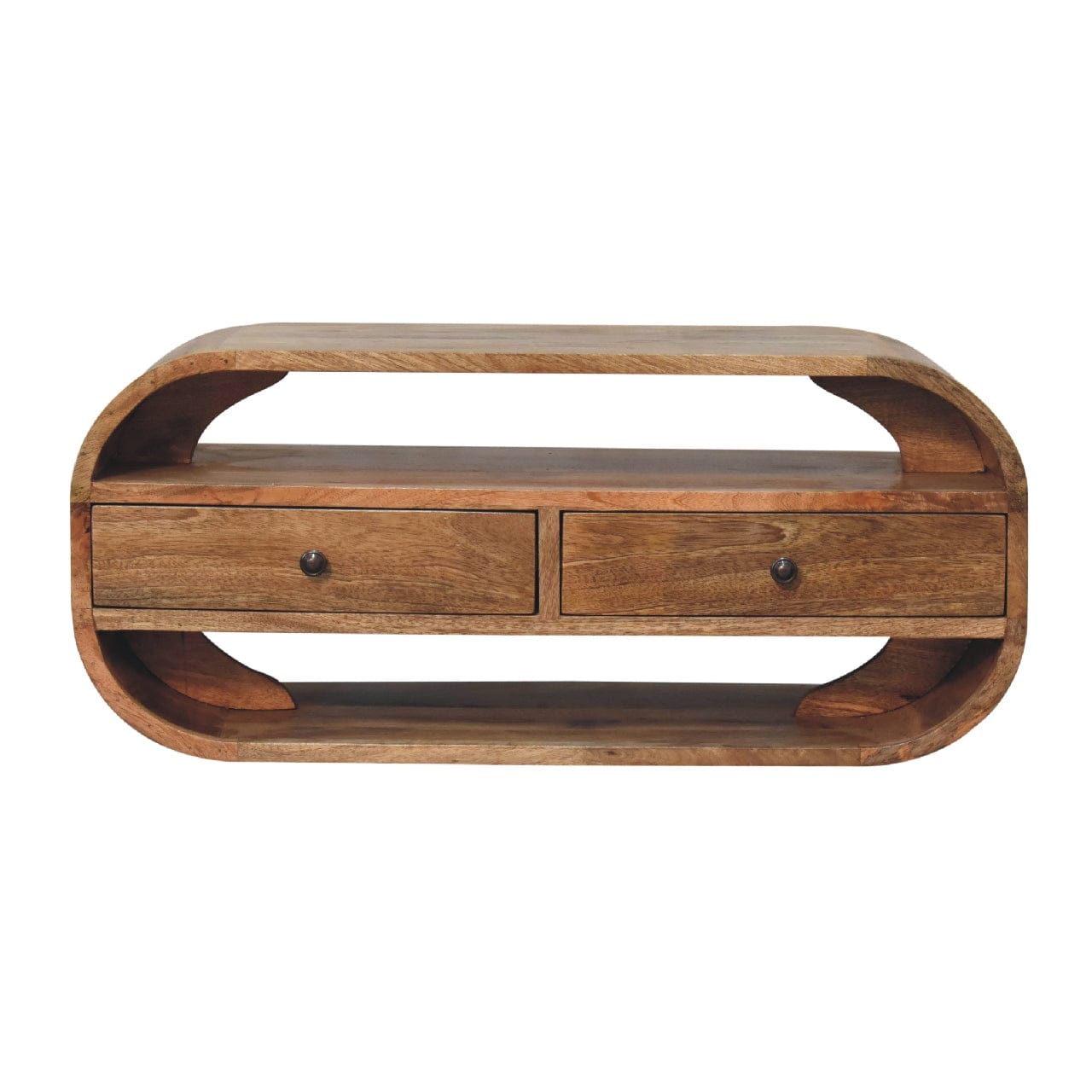 2 Drawer Curved Edge TV Stand - Solid Mango Wood Entertainment Center for Living Room - main view showing handcrafted...