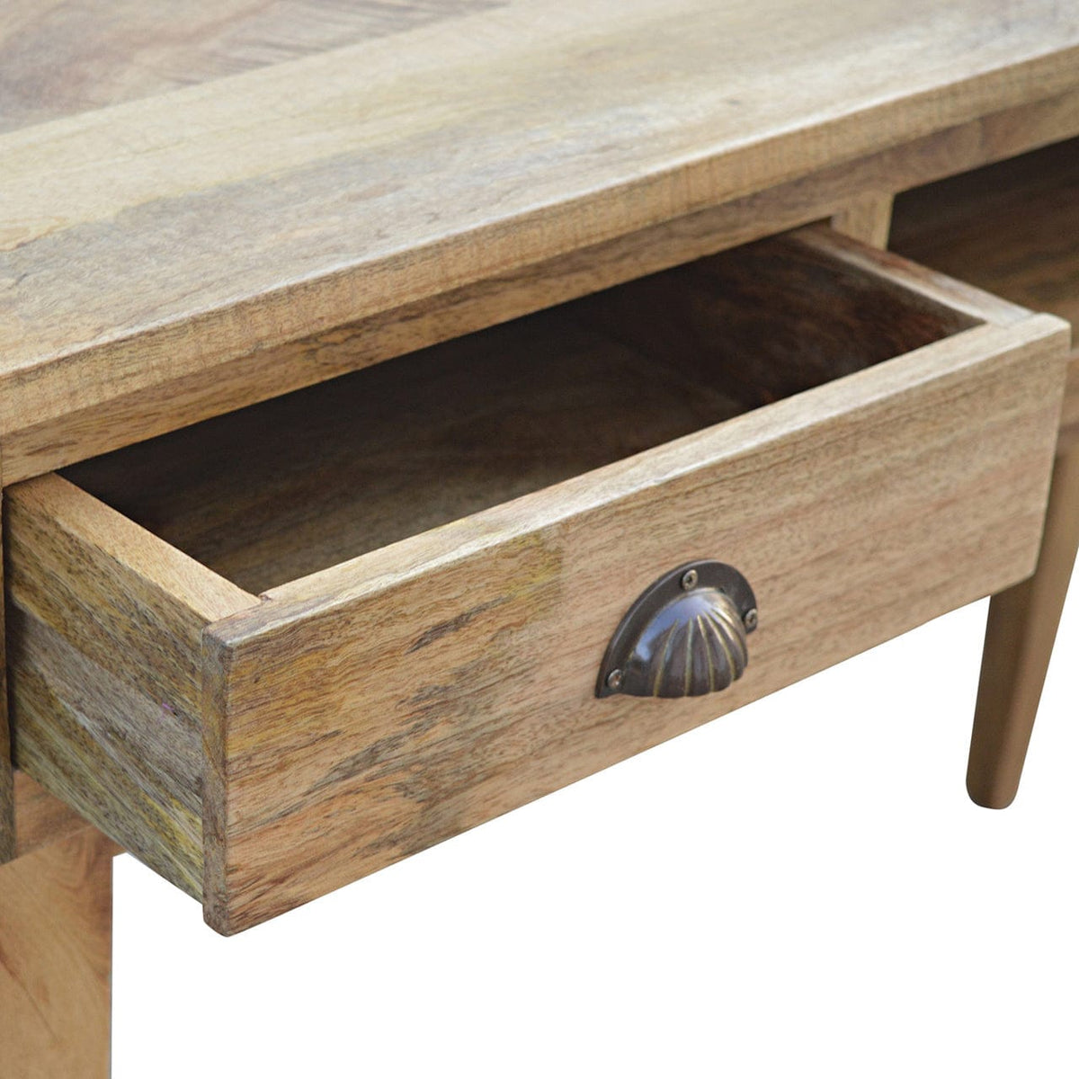 2 Drawer Shell Writing Desk - Solid Mango Wood Writing Table for Home Office - product view 4 showing handcrafted solid...