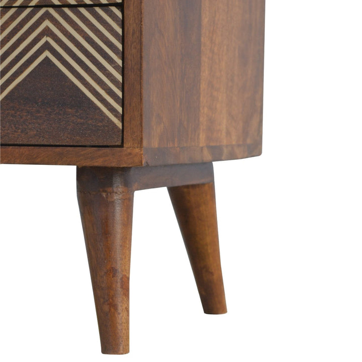 3 Drawer Brass Chevron Nightstand - Solid Mango Wood Bedside Table for Bedroom - product view 6 showing handcrafted solid...