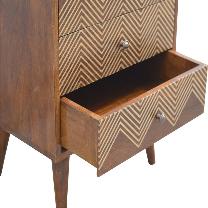 3 Drawer Brass Chevron Nightstand - Solid Mango Wood Bedside Table for Bedroom - product view 5 showing handcrafted solid...