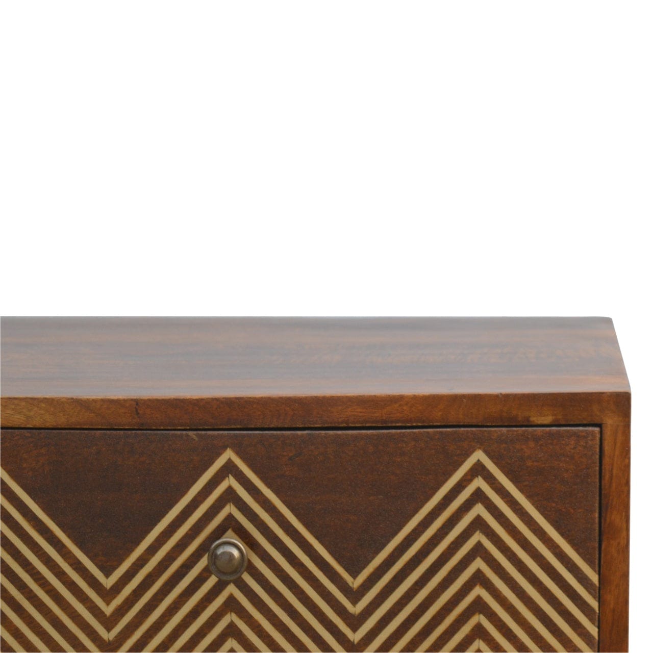 3 Drawer Brass Chevron Nightstand - Solid Mango Wood Bedside Table for Bedroom - product view 4 showing handcrafted solid...