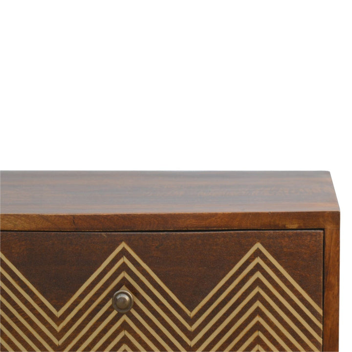3 Drawer Brass Chevron Nightstand - Solid Mango Wood Bedside Table for Bedroom - product view 4 showing handcrafted solid...
