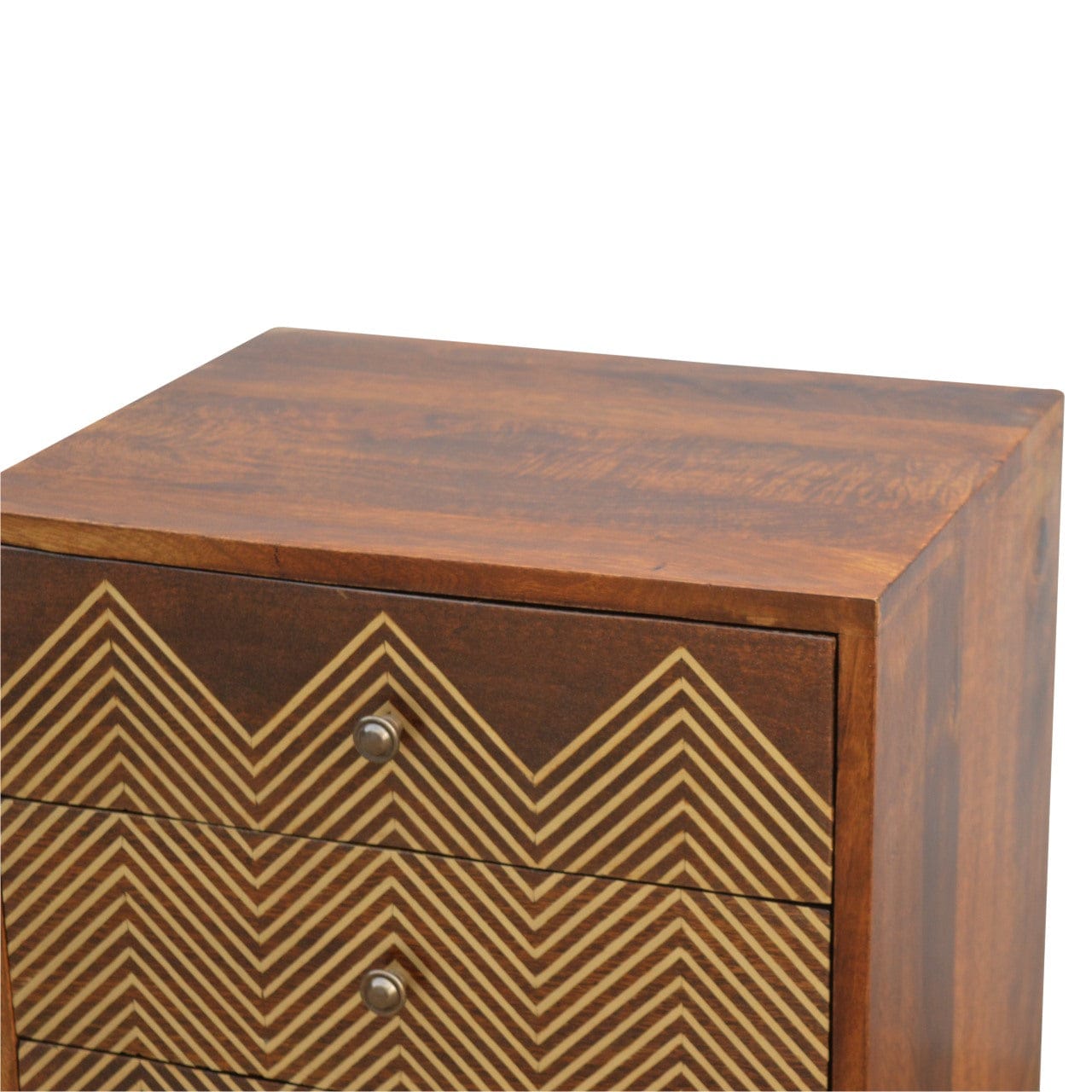 3 Drawer Brass Chevron Nightstand - Solid Mango Wood Bedside Table for Bedroom - product view 3 showing handcrafted solid...