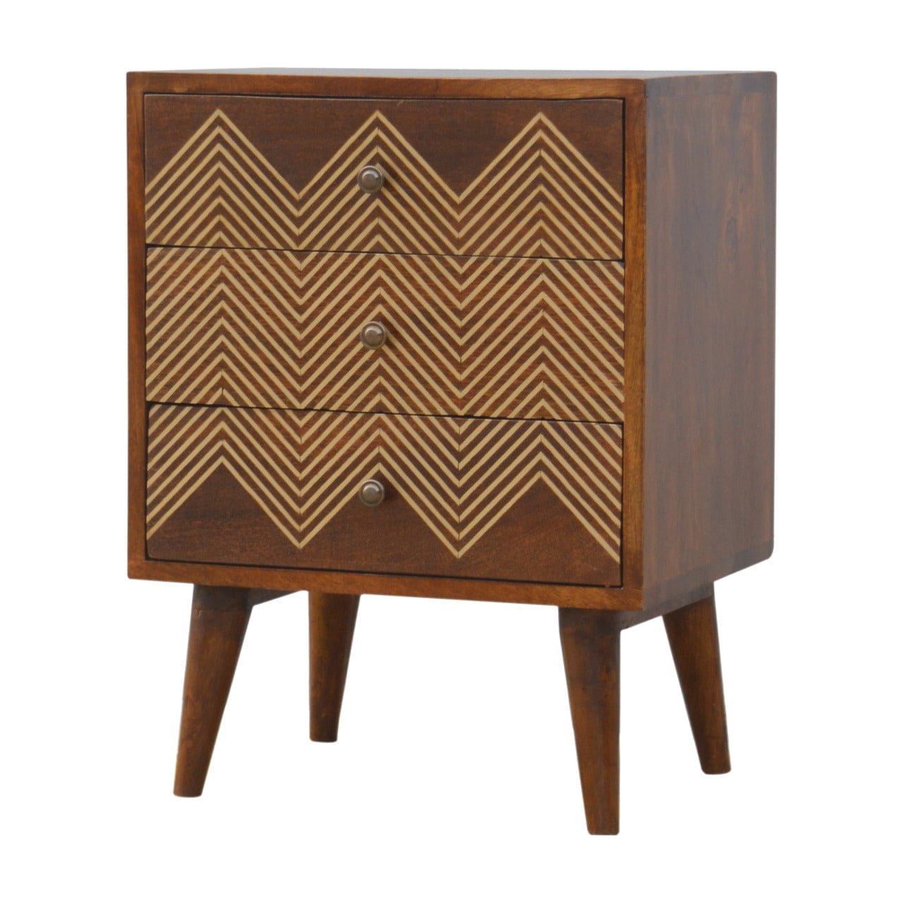 3 Drawer Brass Chevron Nightstand - Solid Mango Wood Bedside Table for Bedroom - product view 2 showing handcrafted solid...