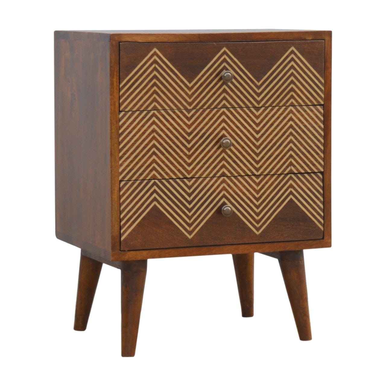 3 Drawer Brass Chevron Nightstand - Solid Mango Wood Bedside Table for Bedroom - main view showing handcrafted solid...
