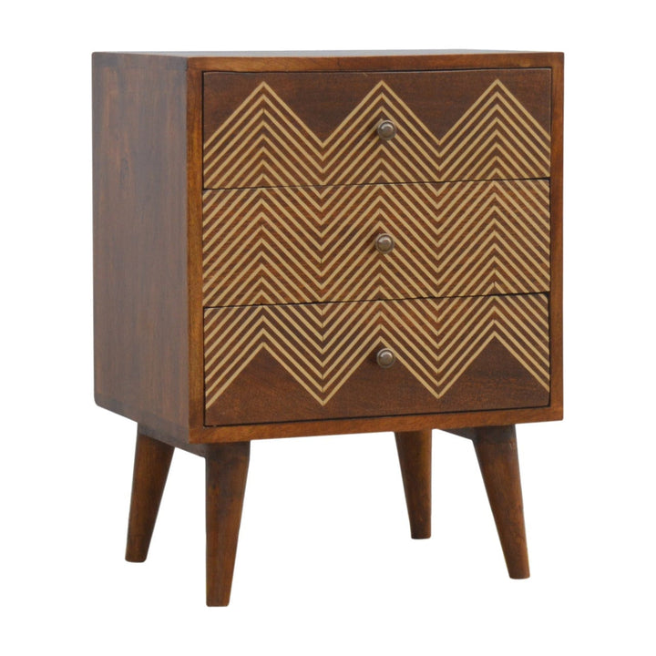 3 Drawer Brass Chevron Nightstand - Solid Mango Wood Bedside Table for Bedroom - main view showing handcrafted solid...