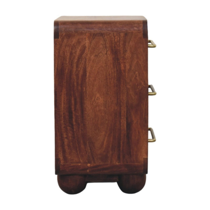 3-drawer mango wood nightstand with rounded edges and brass handles in winewood oak finish
