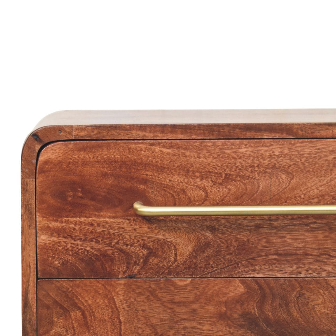 Close-up of the 3-drawer mango wood nightstand in winewood oak finish with a gold handle.