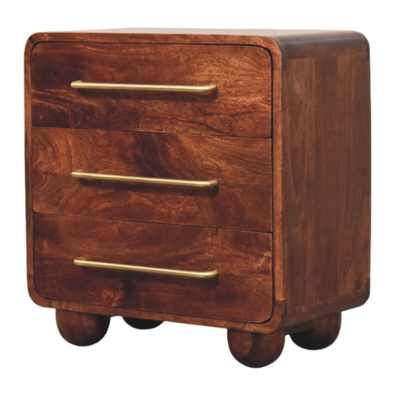 3-drawer rounded nightstand made of solid mango wood with winewood oak finish.