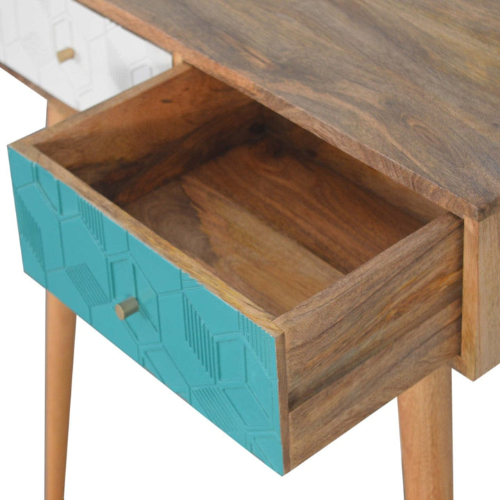 Acadia Teal and White Console Table - Solid Mango Wood Hallway Console for Entryway - product view 6 showing handcrafted...