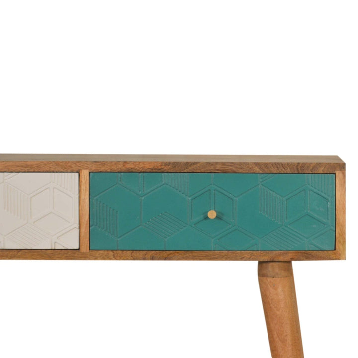 Acadia Teal and White Console Table - Solid Mango Wood Hallway Console for Entryway - product view 5 showing handcrafted...