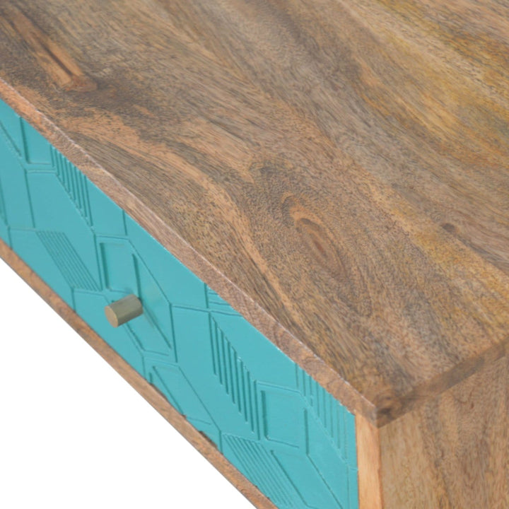 Acadia Teal and White Console Table - Solid Mango Wood Hallway Console for Entryway - product view 4 showing handcrafted...