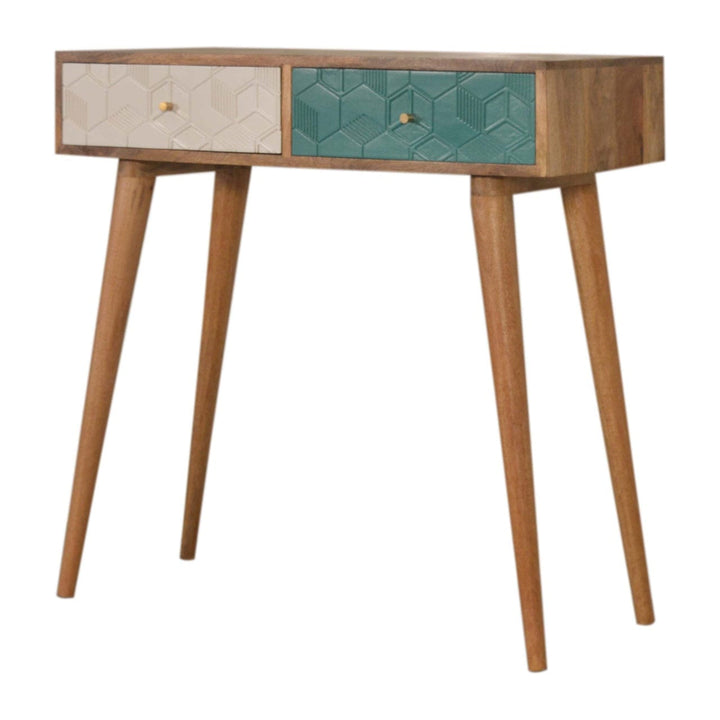 Acadia Teal and White Console Table - Solid Mango Wood Hallway Console for Entryway - product view 3 showing handcrafted...