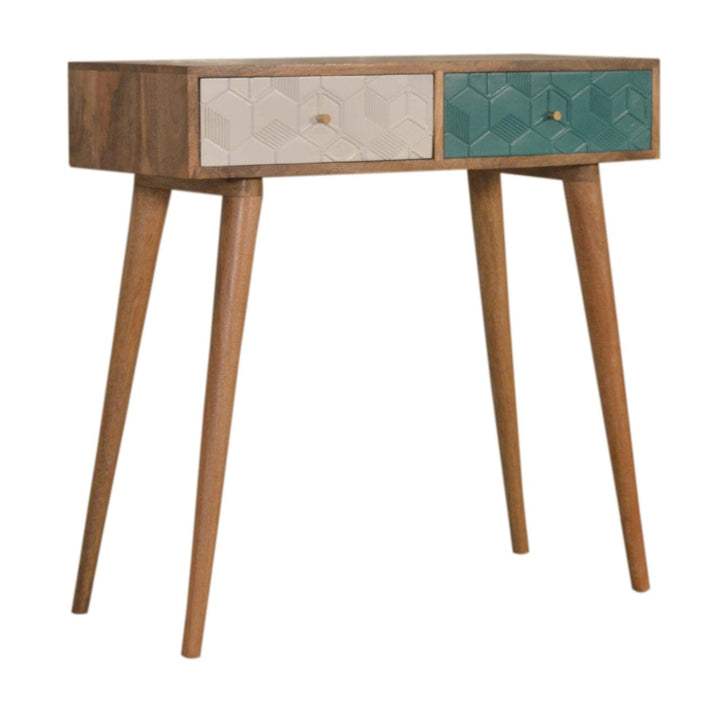 Acadia Teal and White Console Table - Solid Mango Wood Hallway Console for Entryway - product view 2 showing handcrafted...