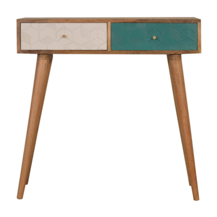 Acadia Teal and White Console Table - Solid Mango Wood Hallway Console for Entryway - main view showing handcrafted solid...