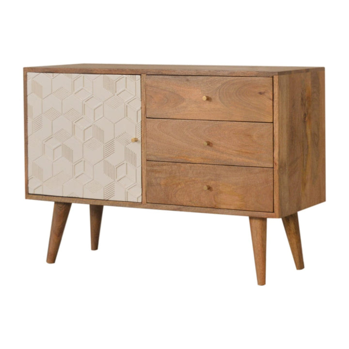 Acadia White Sideboard - Solid Mango Wood Buffet Cabinet for Dining Room - product view 2 showing handcrafted solid mango...