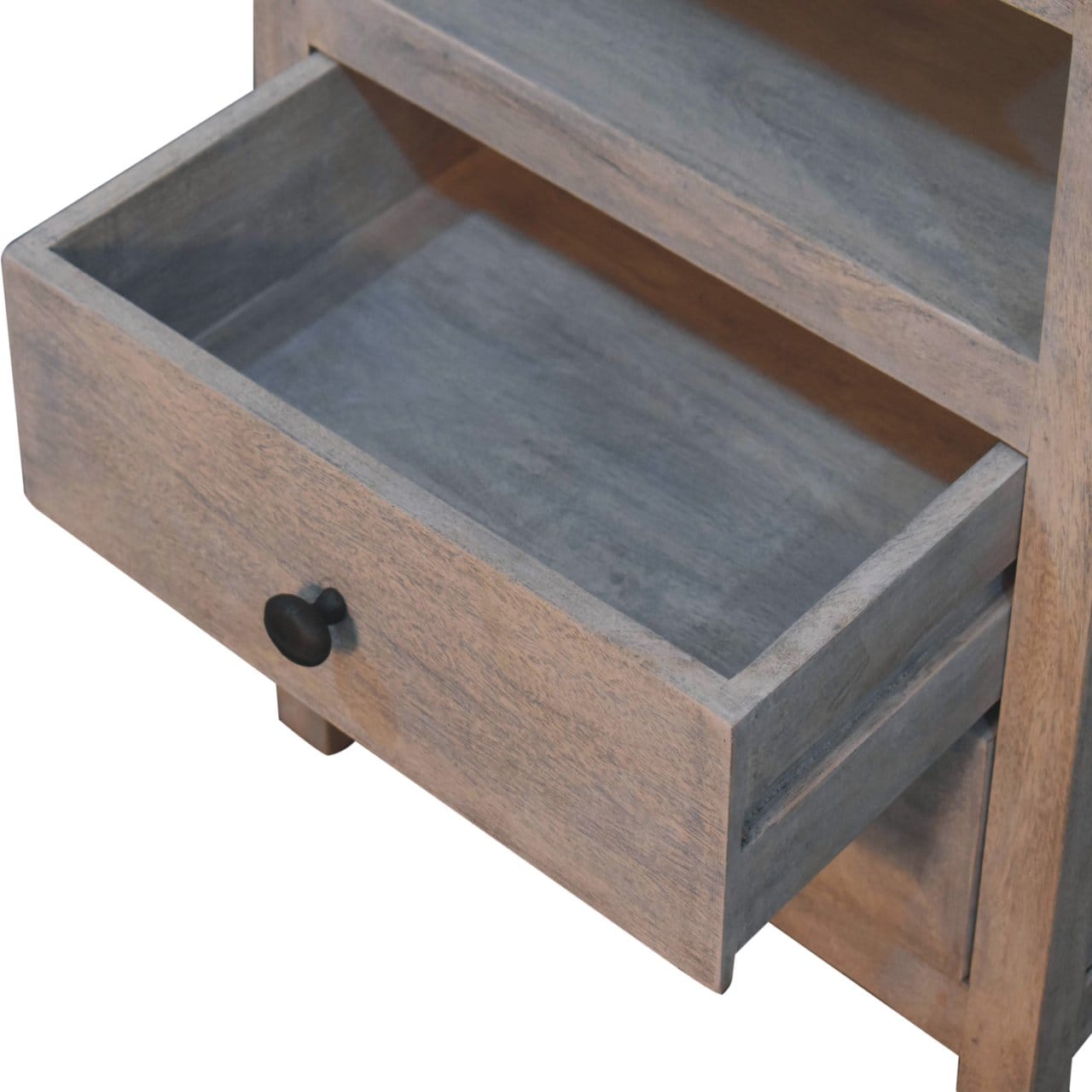 Acid Wash 2 Drawer Open Nightstand - Solid Mango Wood Bedside Table for Bedroom - product view 7 showing handcrafted...