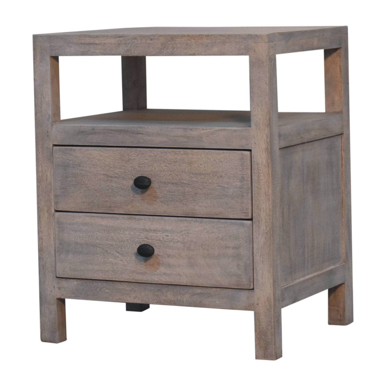 Acid Wash 2 Drawer Open Nightstand - Solid Mango Wood Bedside Table for Bedroom - product view 4 showing handcrafted...