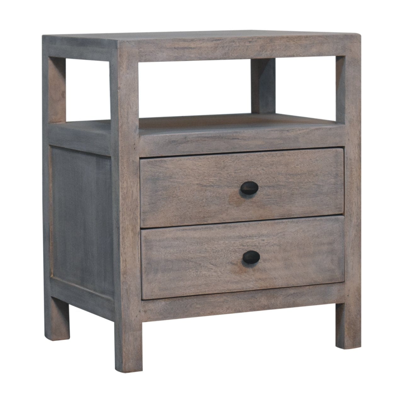 Acid Wash 2 Drawer Open Nightstand - Solid Mango Wood Bedside Table for Bedroom - product view 3 showing handcrafted...