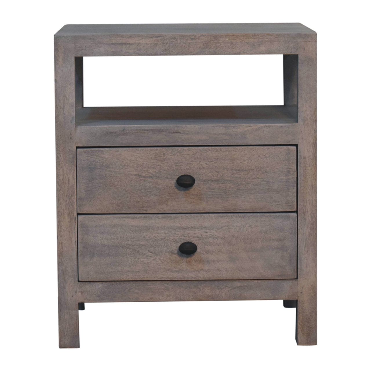 Acid Wash 2 Drawer Open Nightstand - Solid Mango Wood Bedside Table for Bedroom - product view 2 showing handcrafted...