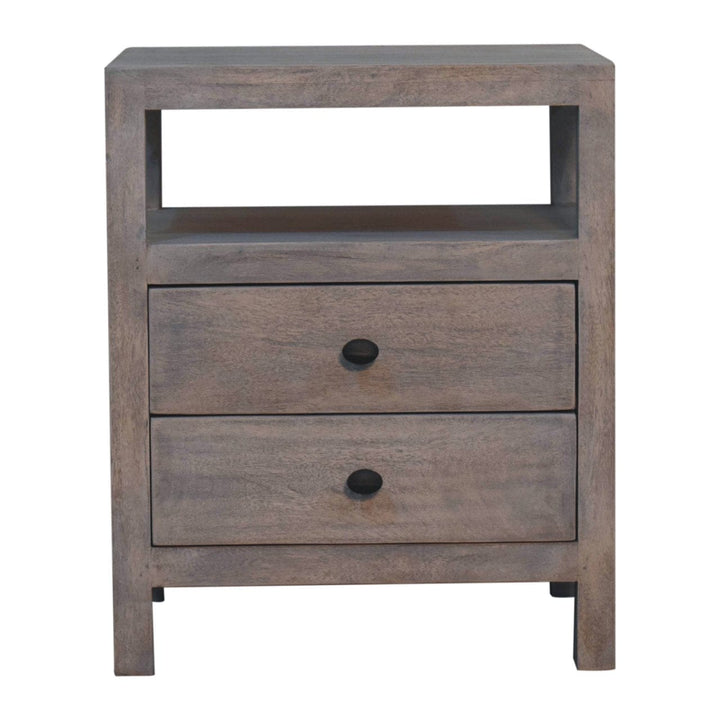 Acid Wash 2 Drawer Open Nightstand - Solid Mango Wood Bedside Table for Bedroom - product view 2 showing handcrafted...