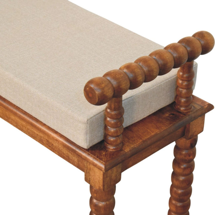 Amber Oak Mud Linen Bench - Solid Mango Wood Seating Furniture for Entryway - product view 6 showing handcrafted solid...