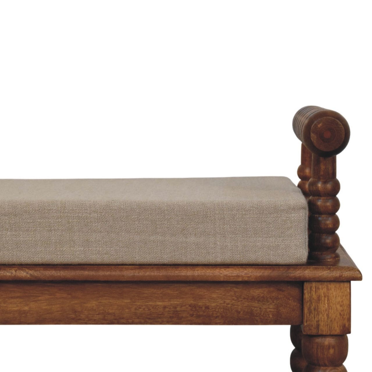 Amber Oak Mud Linen Bench - Solid Mango Wood Seating Furniture for Entryway - product view 4 showing handcrafted solid...