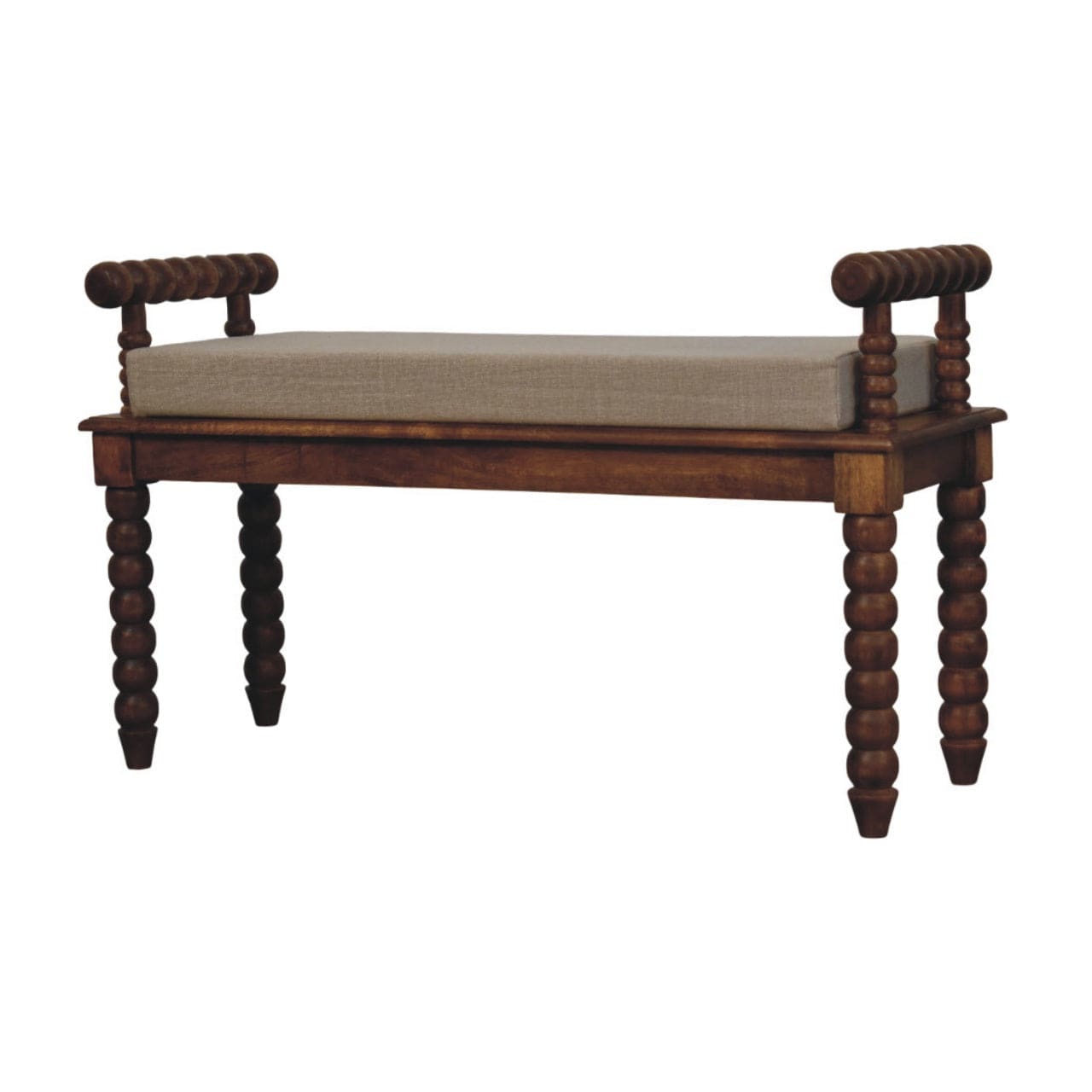 Amber Oak Mud Linen Bench - Solid Mango Wood Seating Furniture for Entryway - product view 3 showing handcrafted solid...