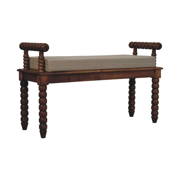Amber Oak Mud Linen Bench - Solid Mango Wood Seating Furniture for Entryway - product view 2 showing handcrafted solid...