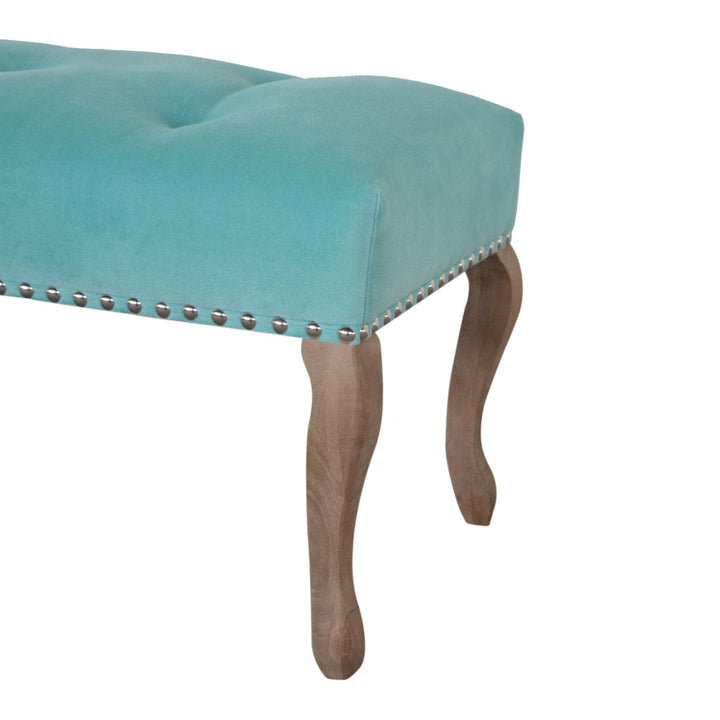 Aqua French Bench - Solid Mango Wood Seating Furniture for Entryway - product view 6 showing handcrafted solid mango wood...