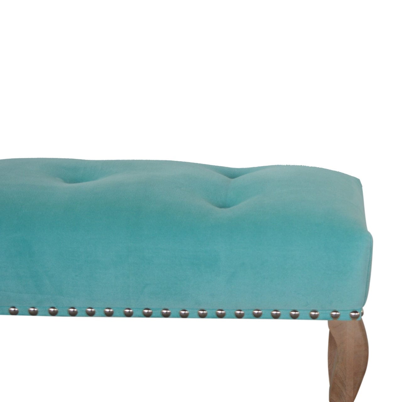 Aqua French Bench - Solid Mango Wood Seating Furniture for Entryway - product view 4 showing handcrafted solid mango wood...