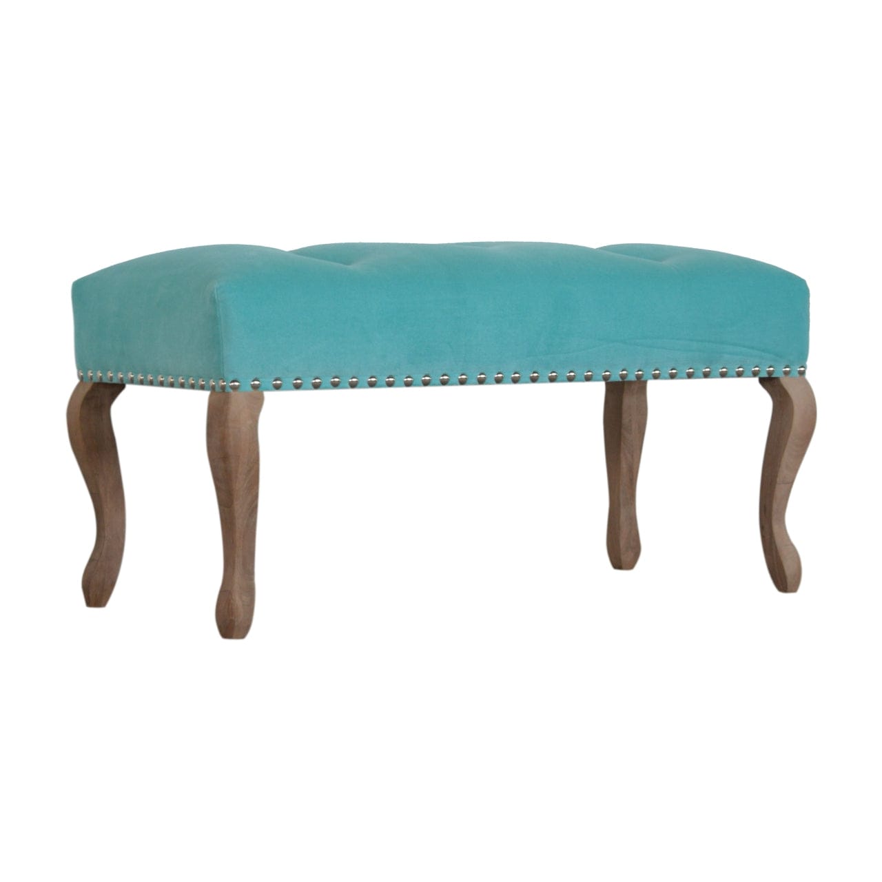 Aqua French Bench - Solid Mango Wood Seating Furniture for Entryway - product view 3 showing handcrafted solid mango wood...