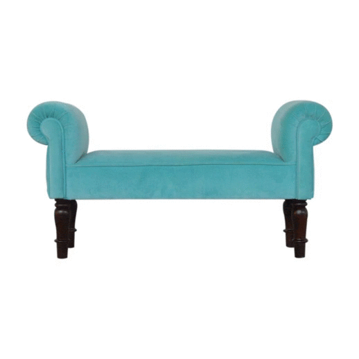 Aqua Velvet Bench - Solid Mango Wood Seating Furniture for Entryway - product view 8 showing handcrafted solid mango wood...
