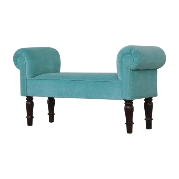 Aqua Velvet Bench - Solid Mango Wood Seating Furniture for Entryway - product view 2 showing handcrafted solid mango wood...