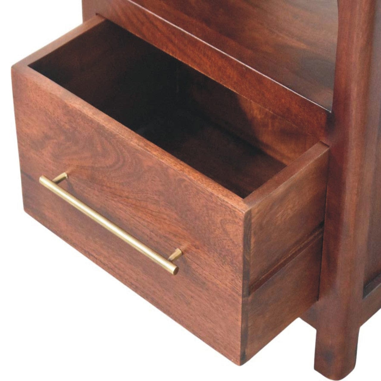 Arched Edge 1 Drawer Nightstand - Solid Mango Wood Bedside Table for Bedroom - product view 6 showing handcrafted solid...