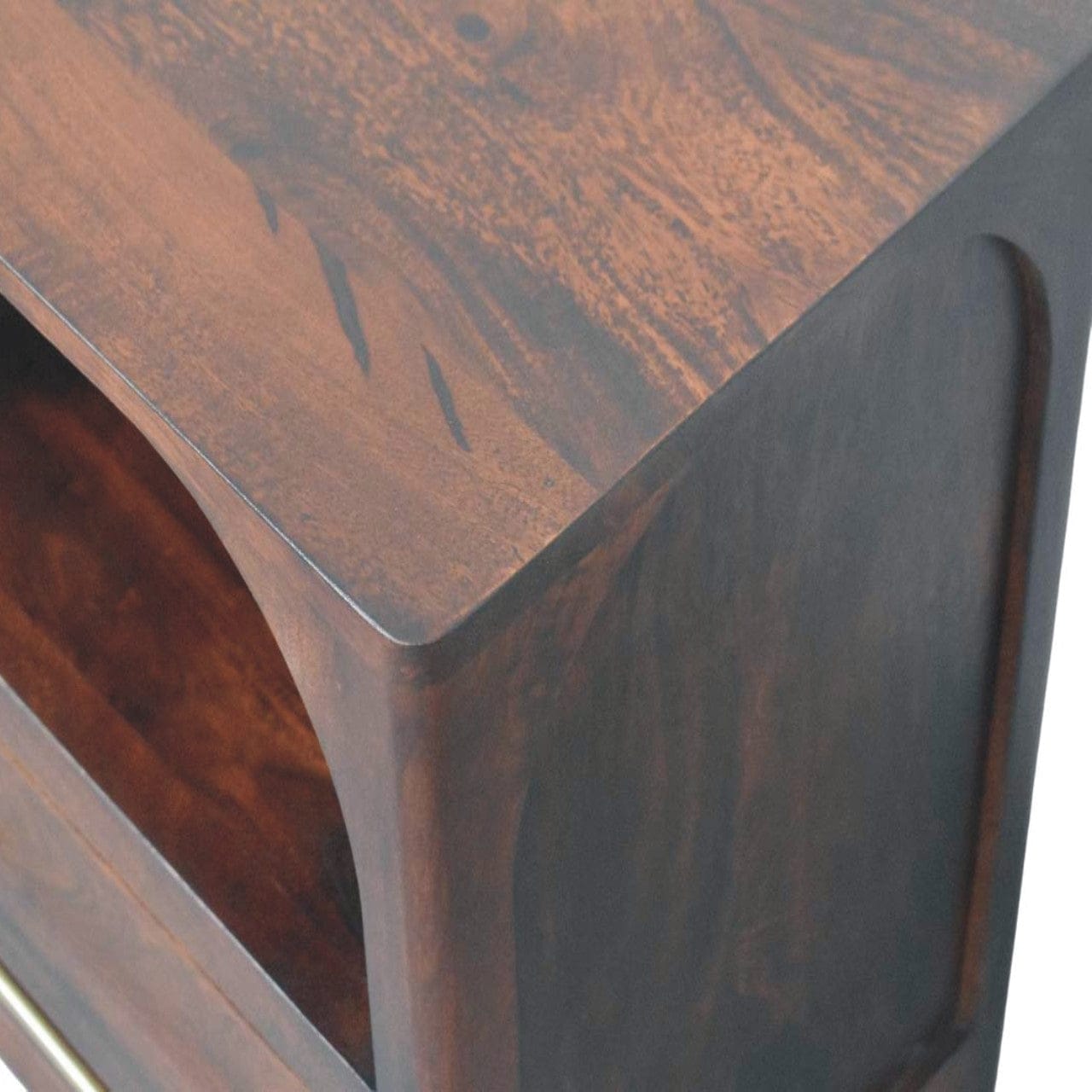 Arched Edge 1 Drawer Nightstand - Solid Mango Wood Bedside Table for Bedroom - product view 5 showing handcrafted solid...