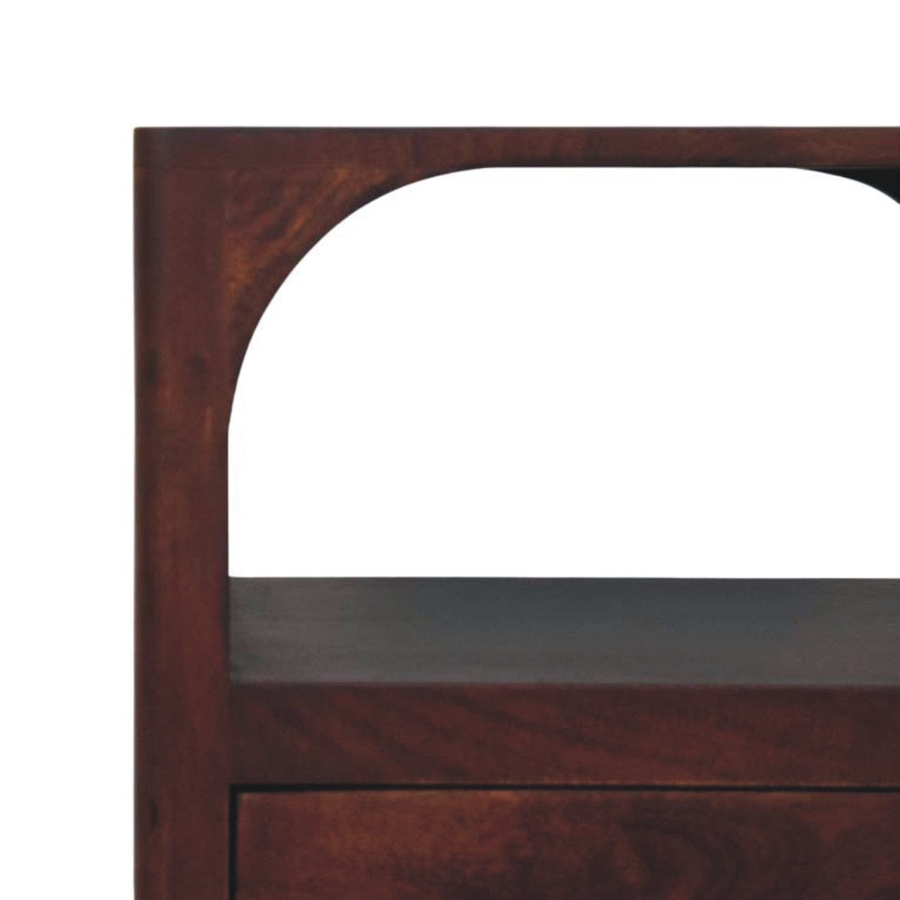 Arched Edge 1 Drawer Nightstand - Solid Mango Wood Bedside Table for Bedroom - product view 4 showing handcrafted solid...