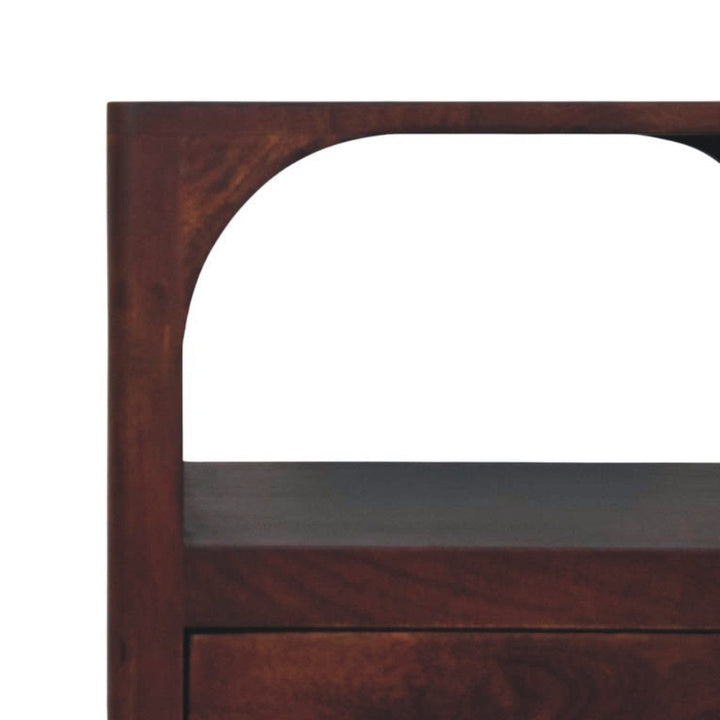 Arched Edge 1 Drawer Nightstand - Solid Mango Wood Bedside Table for Bedroom - product view 4 showing handcrafted solid...