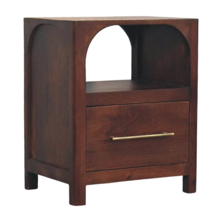 Arched Edge 1 Drawer Nightstand - Solid Mango Wood Bedside Table for Bedroom - product view 3 showing handcrafted solid...