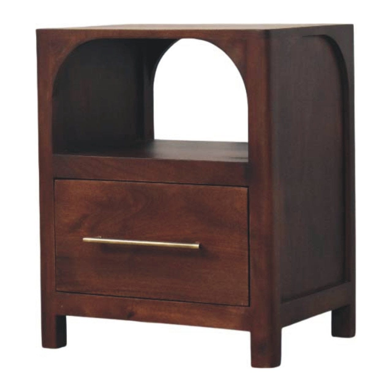 Arched Edge 1 Drawer Nightstand - Solid Mango Wood Bedside Table for Bedroom - product view 2 showing handcrafted solid...