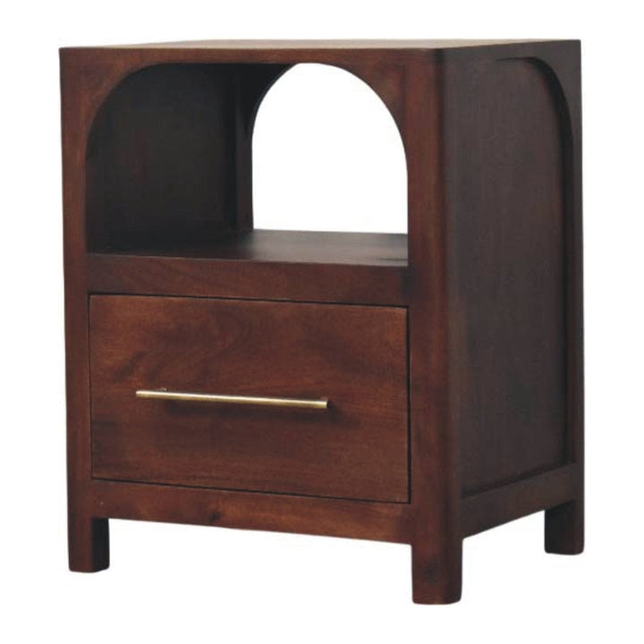Arched Edge 1 Drawer Nightstand - Solid Mango Wood Bedside Table for Bedroom - product view 2 showing handcrafted solid...