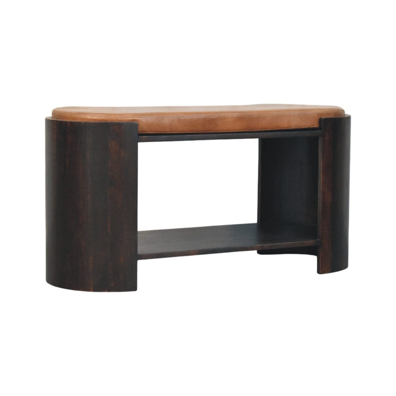 Arcus Shoe Bench - Solid Mango Wood Seating Furniture for Entryway - product view 2 showing handcrafted solid mango wood...