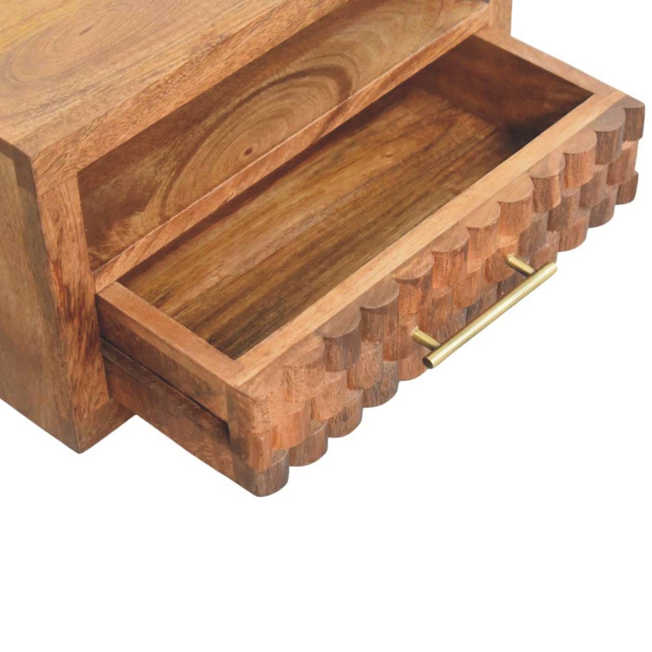 Arno Floating Nightstand - Solid Mango Wood Bedside Table for Bedroom - product view 7 showing handcrafted solid mango...